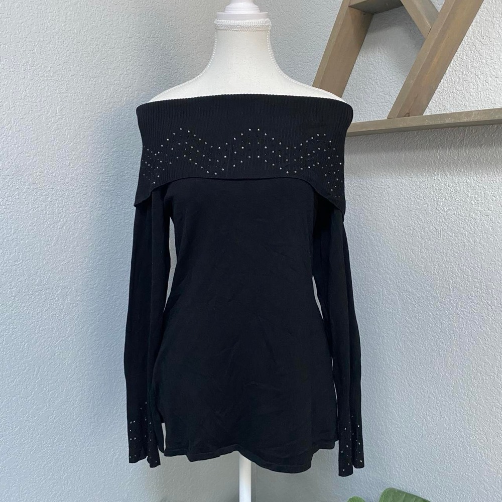 BLACK OFF SHOULDER LONG SLEEVE TOP EMBELLISHED RHINESTONE Y2K WINTER DARK GRUNGE